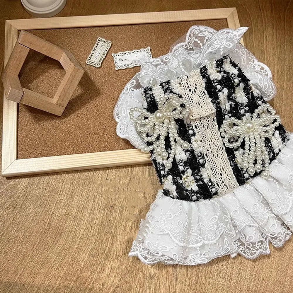 

Pearl Bowknot Handmade Lace High-End Custom Luxury Brand Style Pet Dress Winter Autumn Warm Dog Coat Ladylike