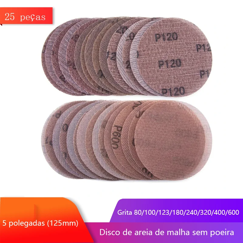 Discos de lixa de malha, 15/25 peças, 5 polegadas, 125mm, gancho e laço, abrasivo, livre de poeira, anti-bloqueio, lixa afiada para madeira de carro
