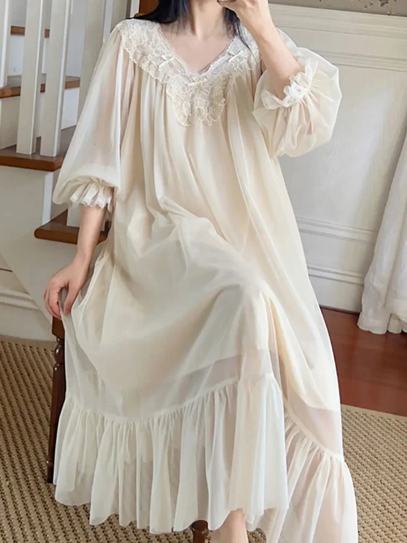 French Fairy Mist Mesh Sleepwear Nightdress Women Pure Cotton Robe Princess Ruffles Dress Summer Romantic Victorian Nightgowns