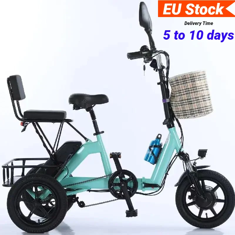 Mini Adult Electric Tricycle Foldable 2 People 48v Family Electric Bicycle Fatbike With Passenger Seat For Elderly With Basket