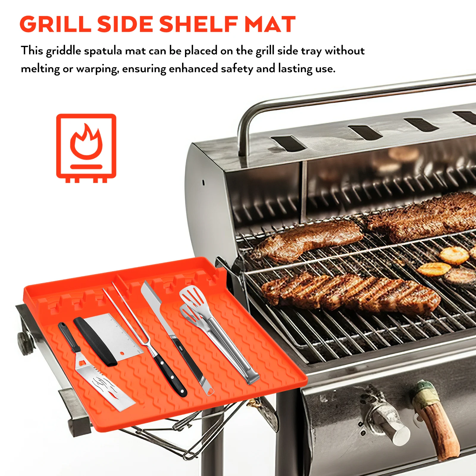 

Silicone Side Rack Pad for Outdoor BBQ Grill Spatula Mat Large Size Non Slip Easy Cleaning Food Grade Orange Color Temperature