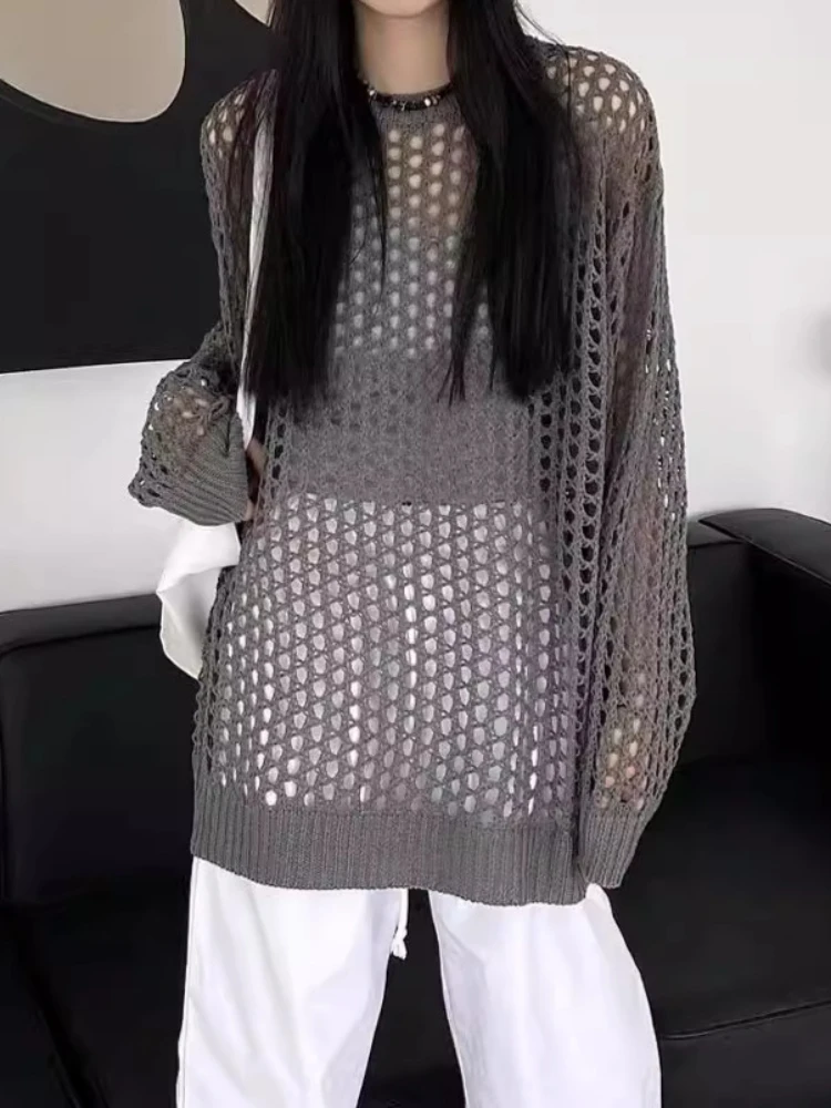 

Свитеры Deeptown, пуловер с вырезами, вязаная одежда с круглым вырезом и длинным рукавом, повседневные однотонные свободные топы 2024, модная уличная одежда.