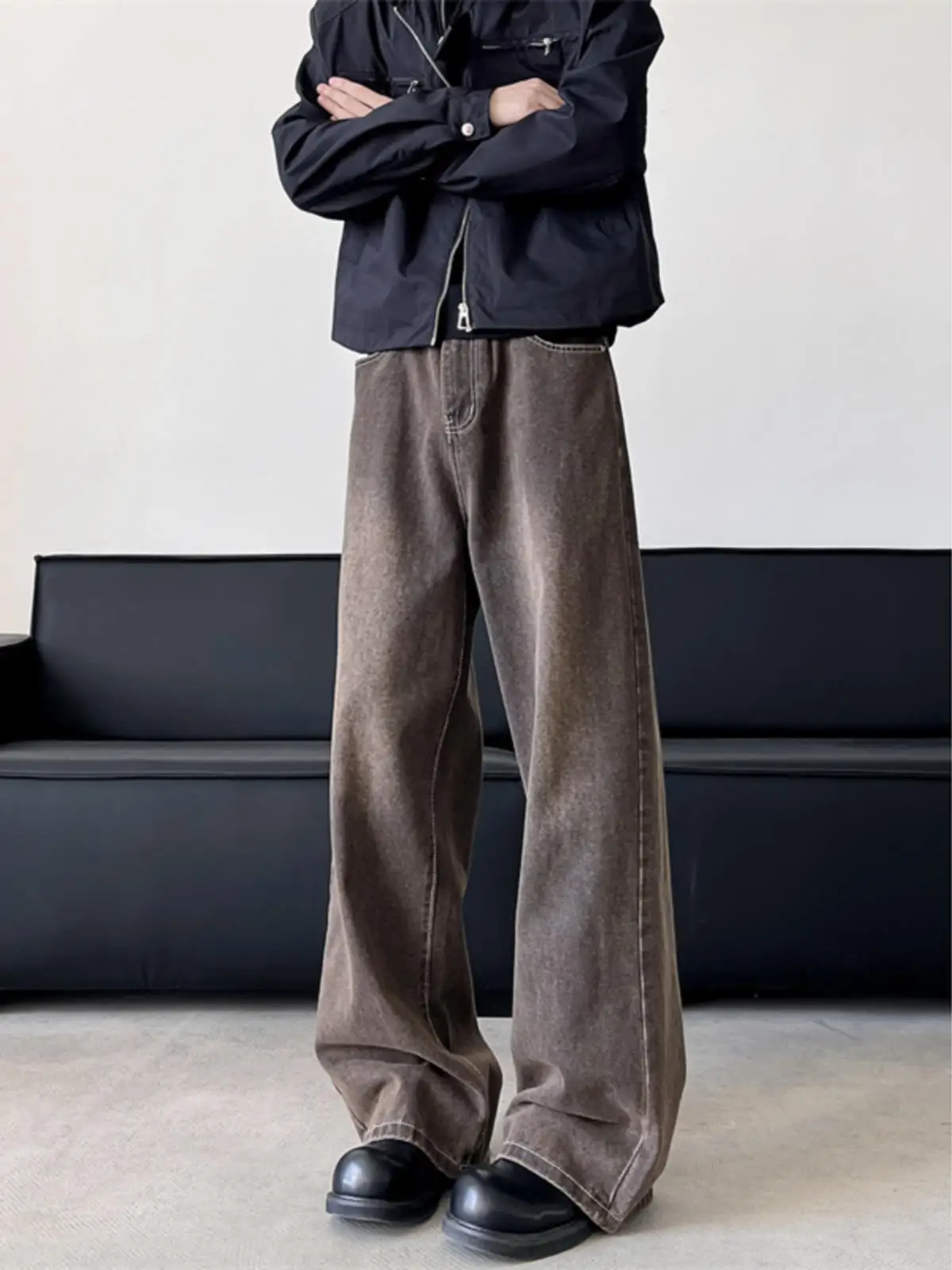 

Мужские джинсы прямого кроя в стиле ретро-американский кэжуал, свободные широкие брюки, осенне-зимние модные брендовые повседневные джинсы