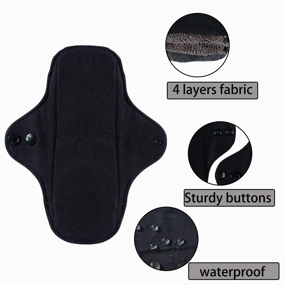 5PCS Balck Pure Cotton Sanitary Pad Ladies Reusable Cloth Menstruation Washable Menstrual Pads with Button Breathable Care Pads