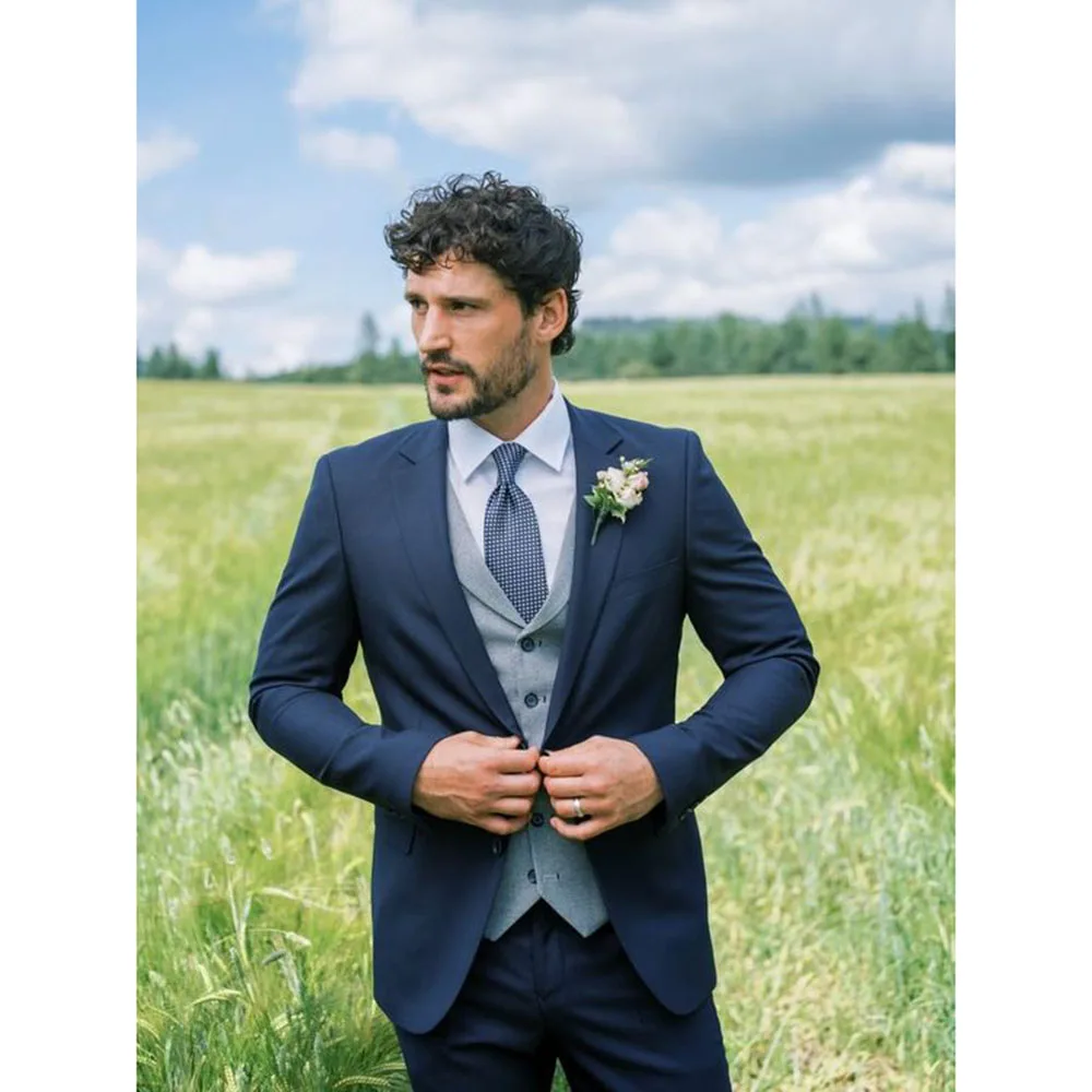 Luxury Navy Blue Wedding Suits for Men 3 Pieces Jacket Pants Gray Vest Blazers Sets Slim Fit Business Banquet Costume Homme