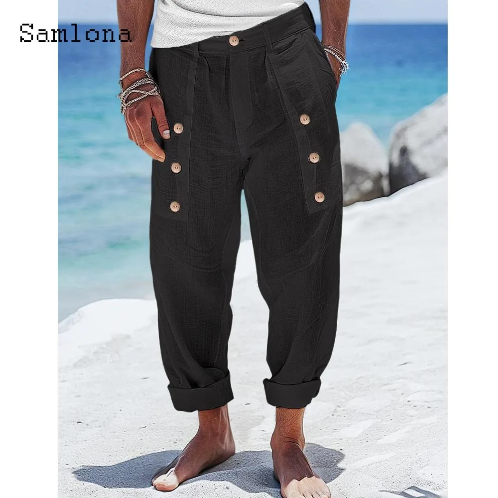 Celana Panjang Kasual Pria 2025 Saku Berdiri Katun Linen Putih Lembut Panjang Mata Kaki Celana Pantai Musim Panas Baru Fashion Multi-kancing