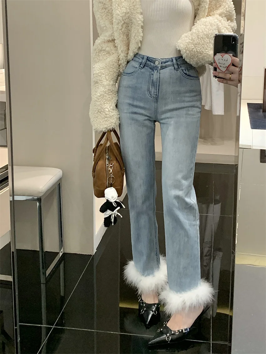 Alien Kitty Light Blue Jeans Women Patchwork Feather Autumn Slim Chic New Arrival Straight Office Lady High Street Gentle Denim