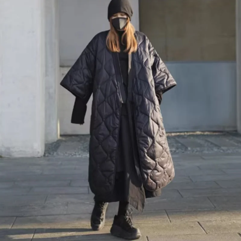 

New Retro Dark Black Winter Japanese Kimono Bandage Robe Loose Long Cotton Padded Jacket Winter Warm Long Coat For Women
