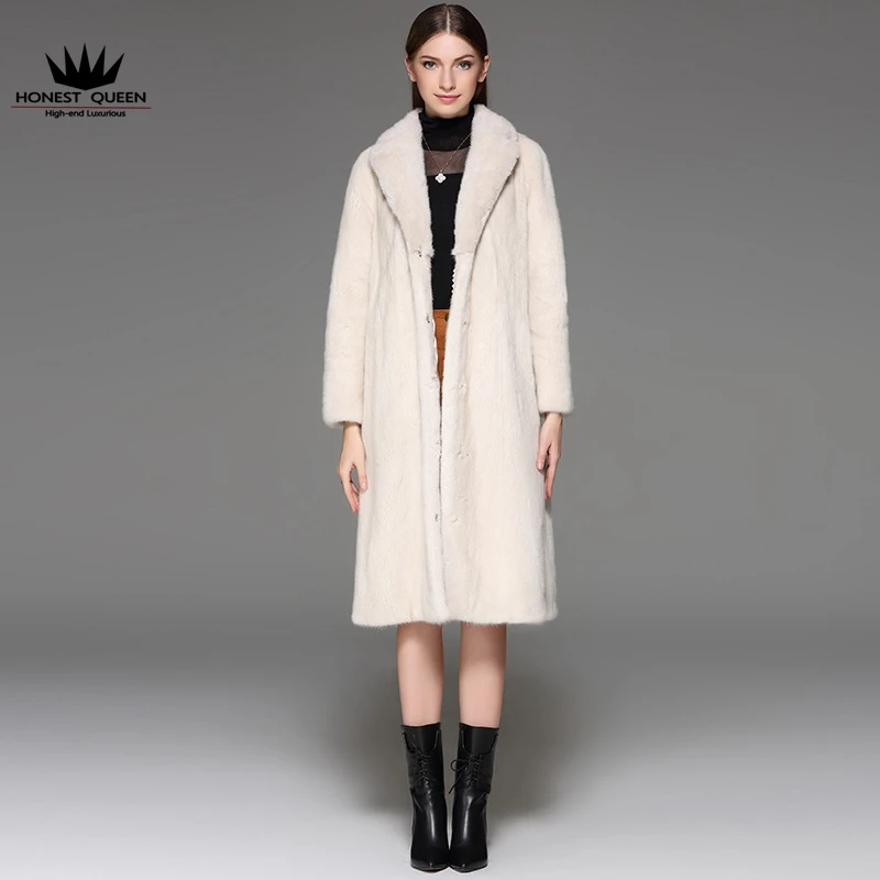 HQ High quality natural pearl mink fur coat woman's lengthened coat lapel long sleeve real white black velvet mink