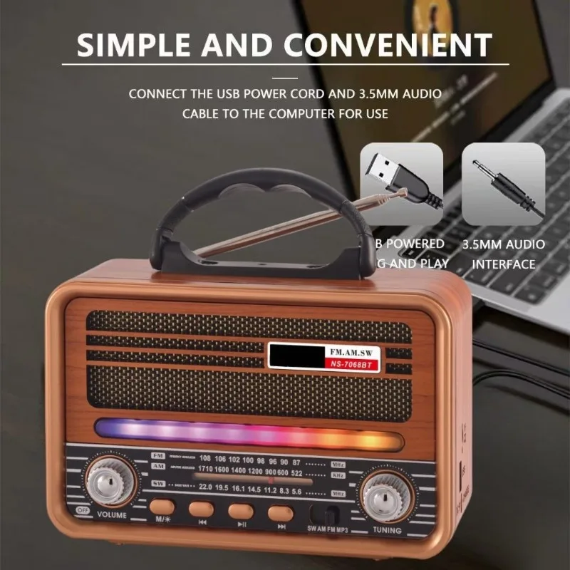 

NS-7068BT Am Fm SW Ретро-радио Портативный классический винтажный Bluetooth-динамик с подсветкой RGB Поддержка TF-карты Воспроизведение через USB