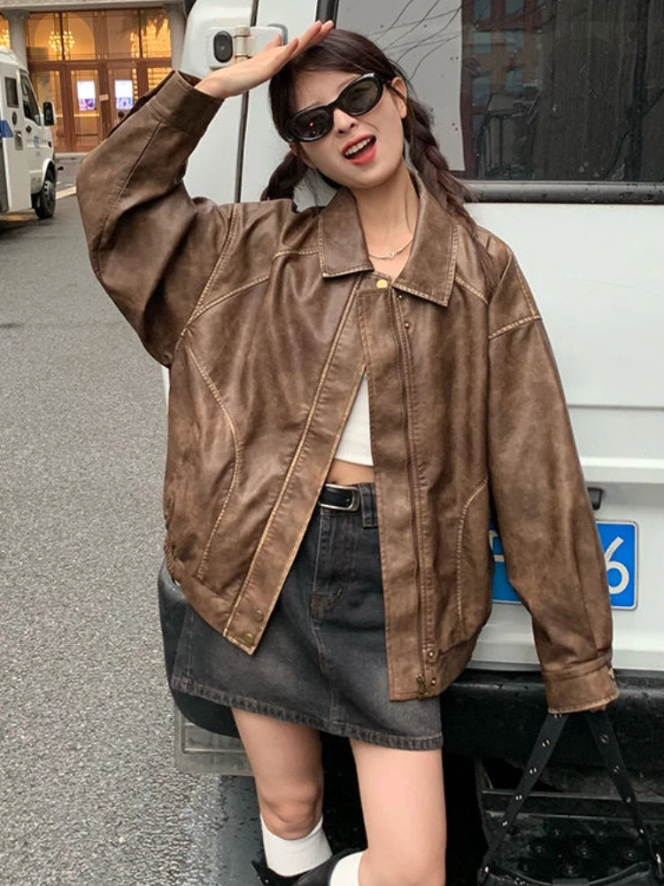 Vintage Short Leather Moto Jacket Winter Warm Women Loose Leather Suit Blazers Streetwear Female Fashion Korean Thin Biker Coats