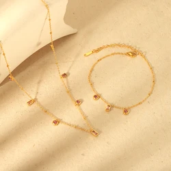 Waterproof 18K Gold Plated Stainless Steel Glass Stone Charms Necklace Bracelet Set Jewelry for Women Fashion Jewelry Gift