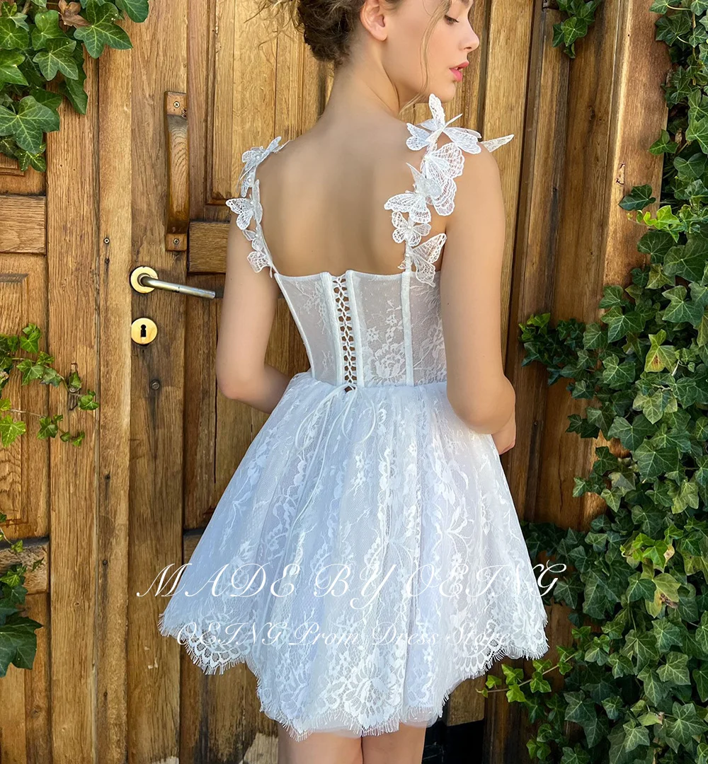 OEING Mini A-line Wedding Party Dresses White Butterfly Spaghetti Straps Prom Dress Lace Up Back Bride Dress Vestidos De Gala