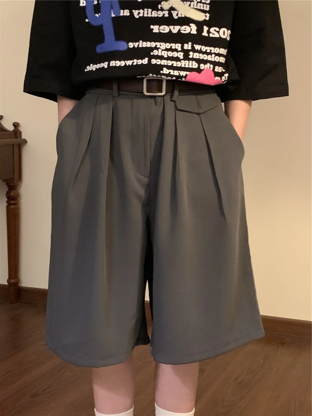 

Summer Trendy American Retro Coffee Color Men's Loose Casual Straight Leg Wide Pants Five-Quarter Length Suit orts