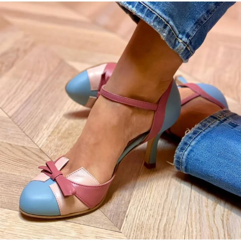 

Luxury Sweet Female Dress Shoes Round Toe High Heels Pumps Buckle Strap Bowknot Mixed Color Plus Size 43 Dating Shoes