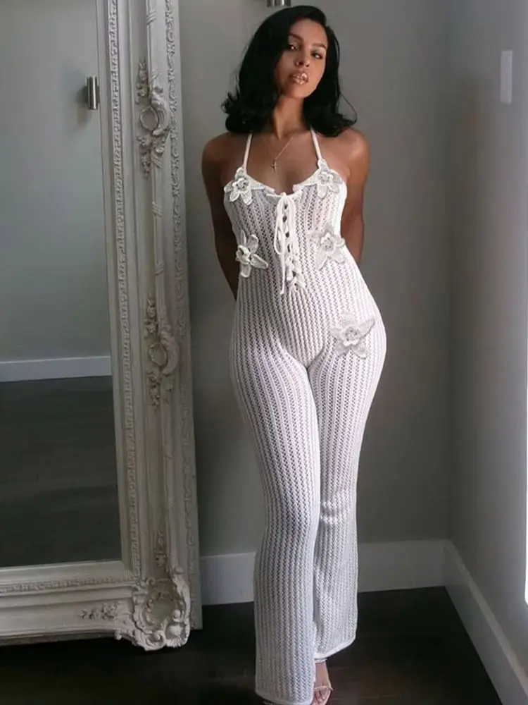 Weird Puss Knitted Backless Jumpsuit Women Lace-Up Halter Flower Applique Sleeveless 2025 Summer Vacation Trend Classic Overalls