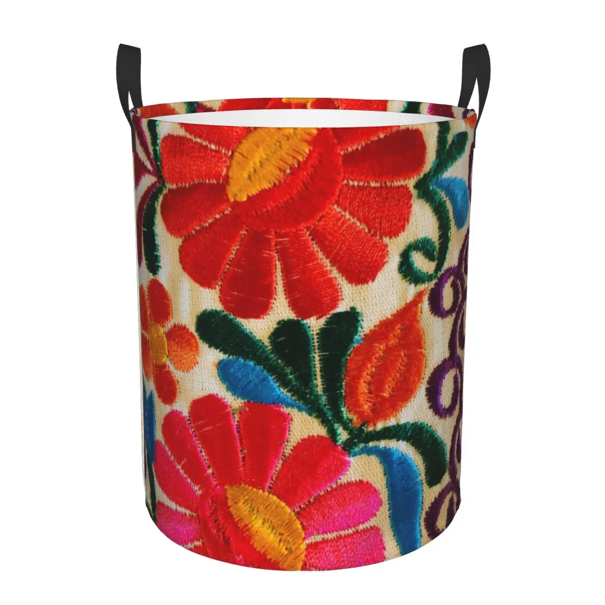 Custom Mexican Flowers Embroidery Art Laundry Hamper Large Clothes Storage Basket Textile Floral Folk Toy Bin Organizer for Kids