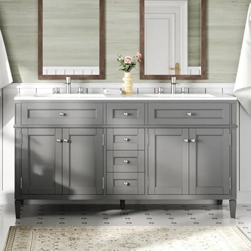 60-inch double-sink bathroom vanity with wood frame, screw-free quick assembly, three smooth-gliding drawers, adjustable shelvin
