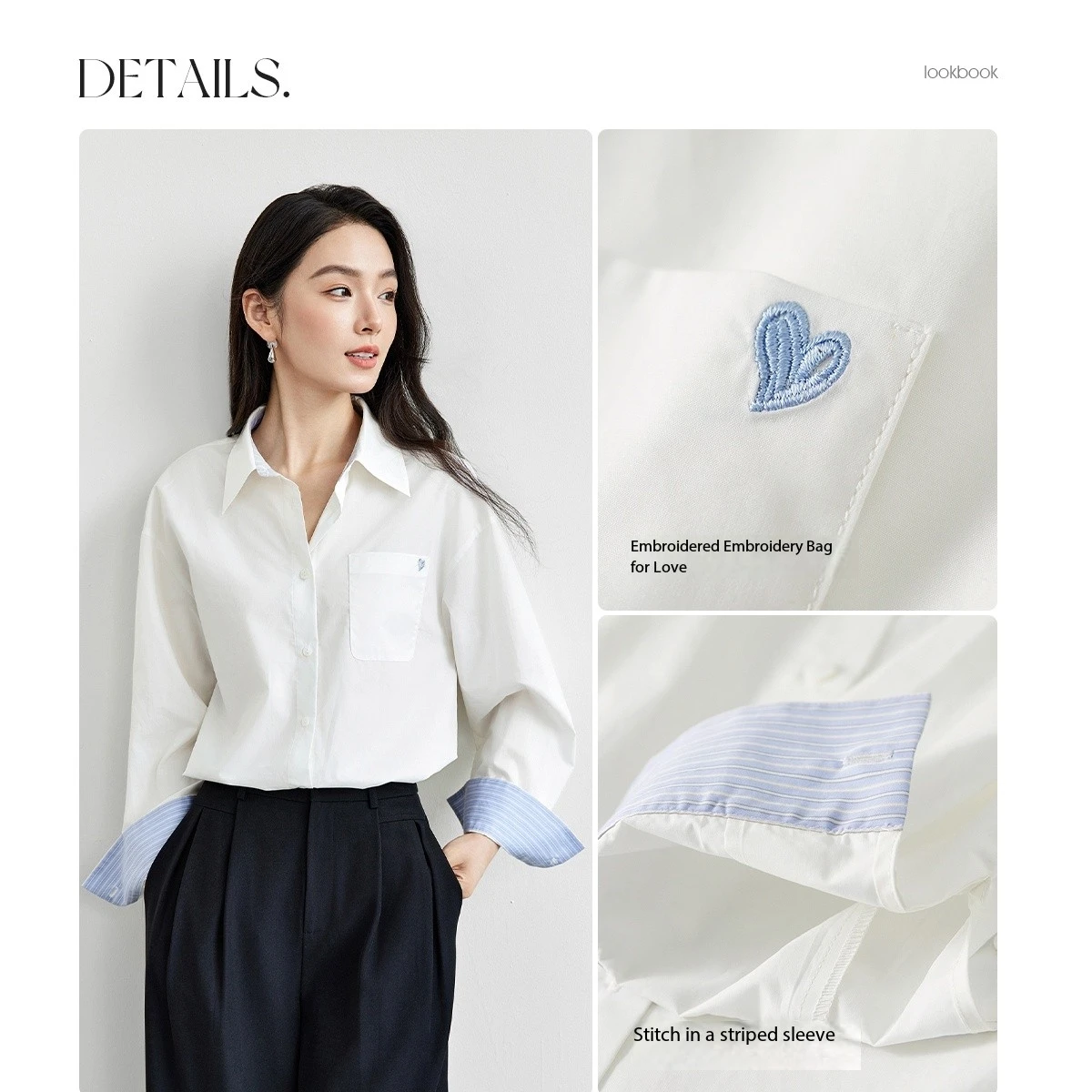 SENTUBILA Women Top Commuting Love Heart Embroidery Color Blocking Turned-up Striped Shirt Drop Shoulder Loose Blouse 151C57513