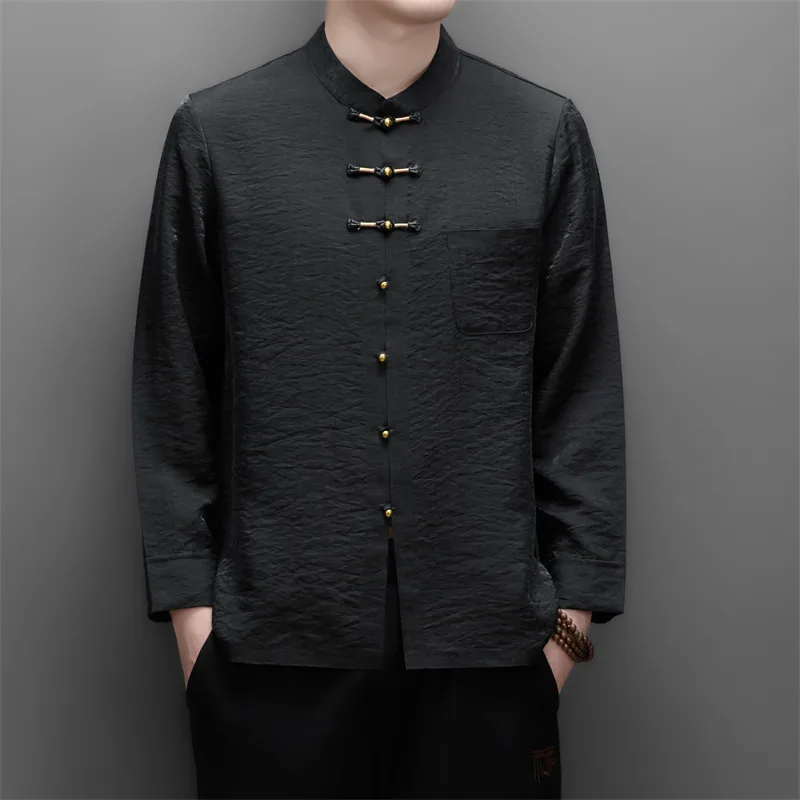 Lyocell&Polyamide Tang Costume Shirts For Men Long Sleeve Casual Autumn High-Quality Skin-Friendly Frog Button Camisas De Hombre