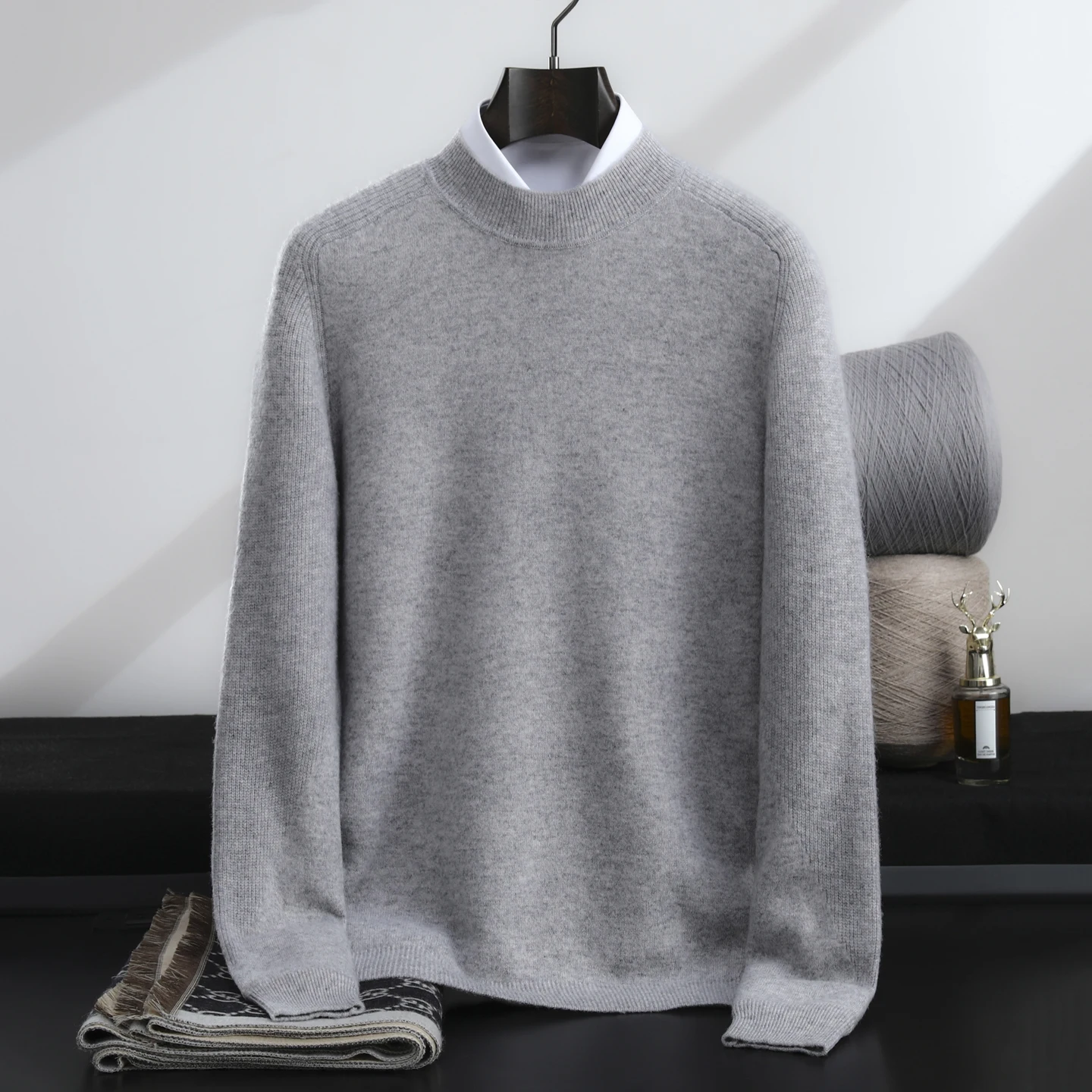 

Шерстяной вязаный свитер с воротником-стойкой, мужская одежда, однотонный толстый теплый топ, свободный крой, осень-зима, базовый свитер из 100% мериносовой шерсти