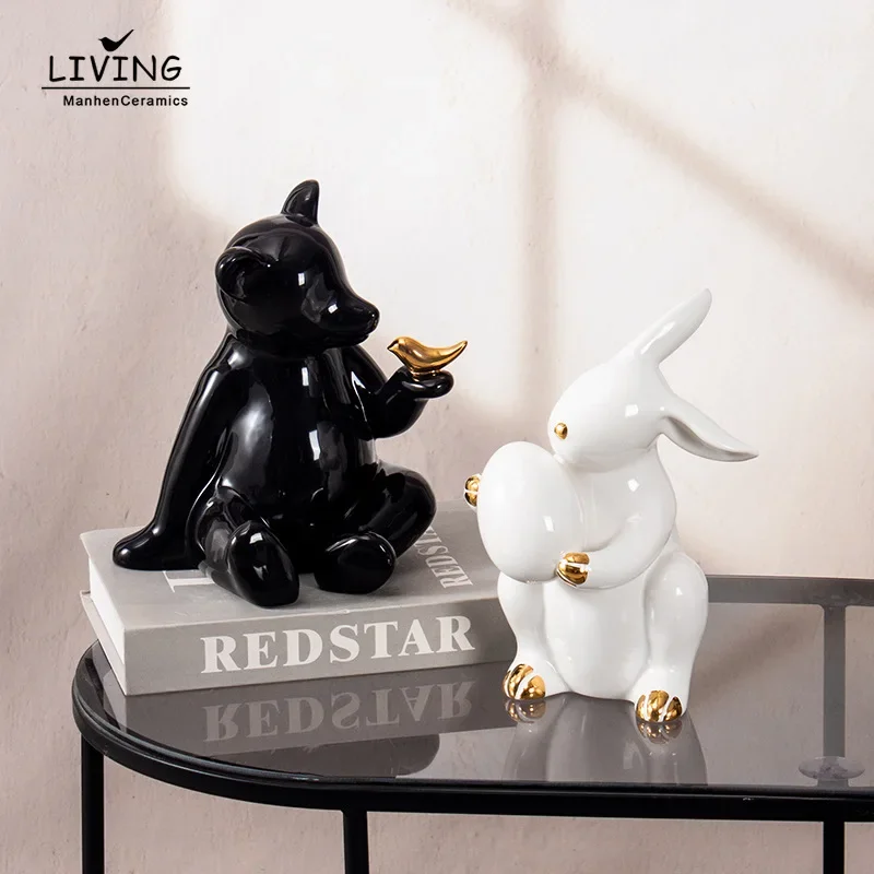 Modern simple home decoration ceramic black and white rabbit bear creative animal craft jewelry soft decoration
