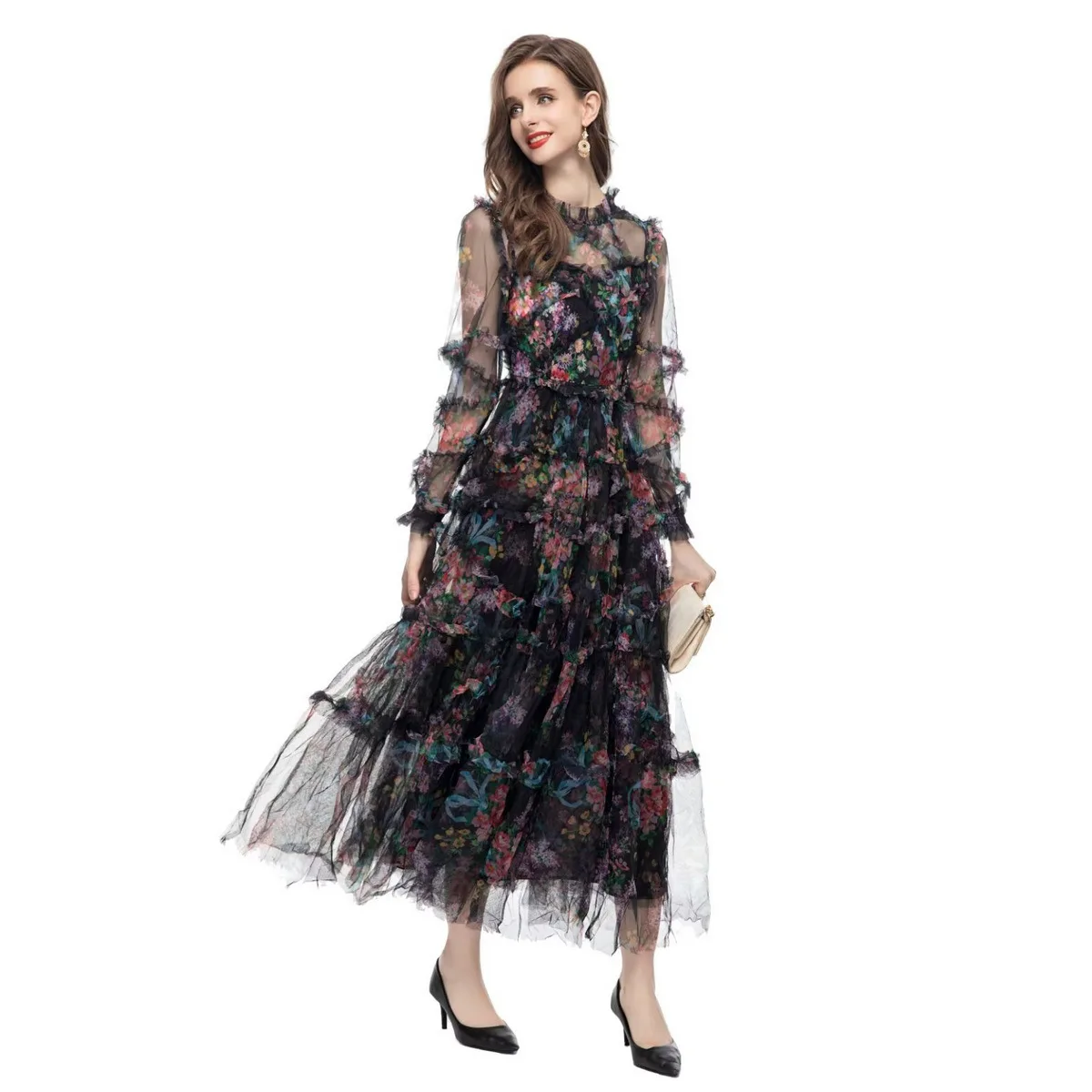 2024 Fashion Designer Dress Spring Women's Dress Lantern Sleeve Mesh Print Cascading Ruffle Vacation Ball Gown Dresses