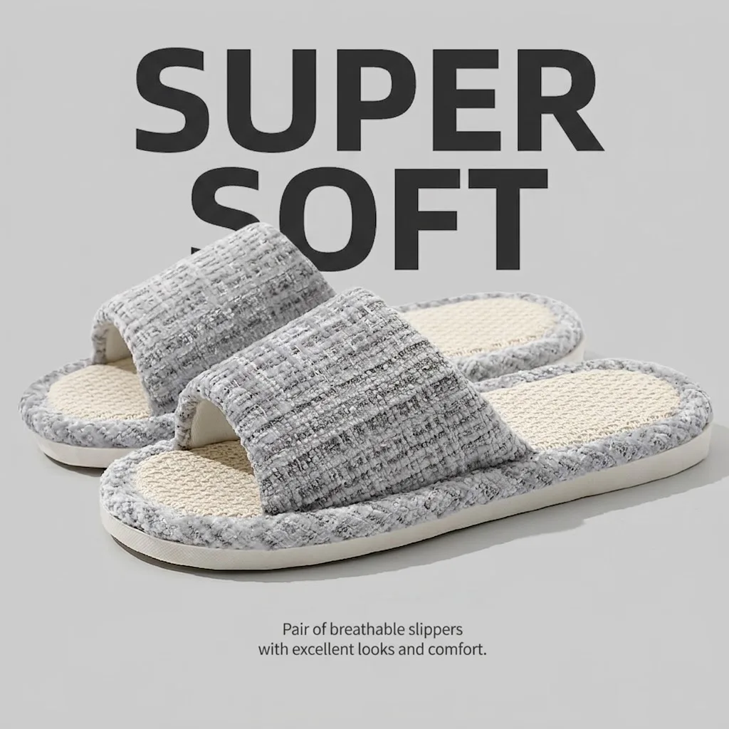 Atmungsaktive Leinen-Hausschuhe für Damen und Herren, gestrickte Tweed-Slipper mit offener Zehenpartie, rutschfeste, dicke, weiche Sohle, schweißabsorbierende Hausschuhe. – Detail 6