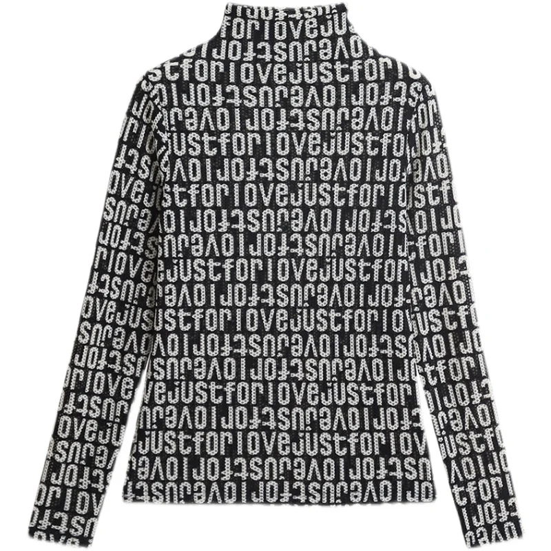 T-shirt stampate in rete Waffle per donna nuovo autunno Slim-fit Base mezzo collo alto Strech Basic top donna