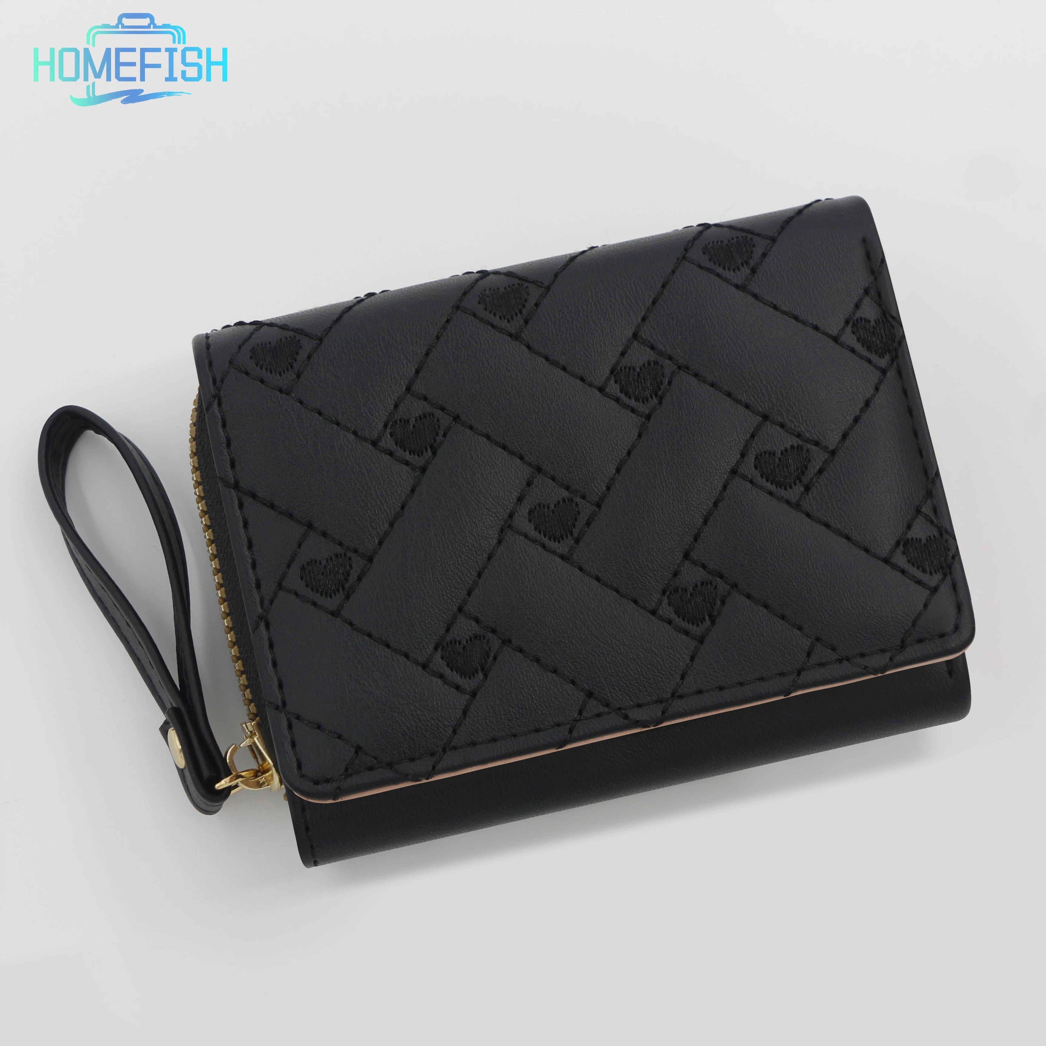 HOMEFISH Women's Short Embroidered Love Zero Wallet Zipper Buckle Large Capacity Card Bag Versatile Fashion Simple