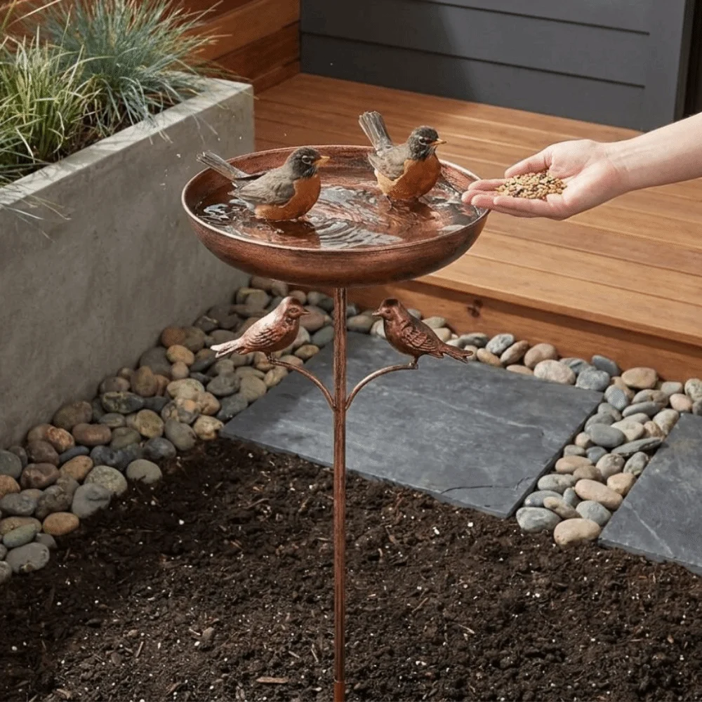 Rustproof Metal Iron Bird Bath Feeder Standing Bowl Vintage Bird Feeding Station 5 Claw Ground Plug Hummingbird Feeder