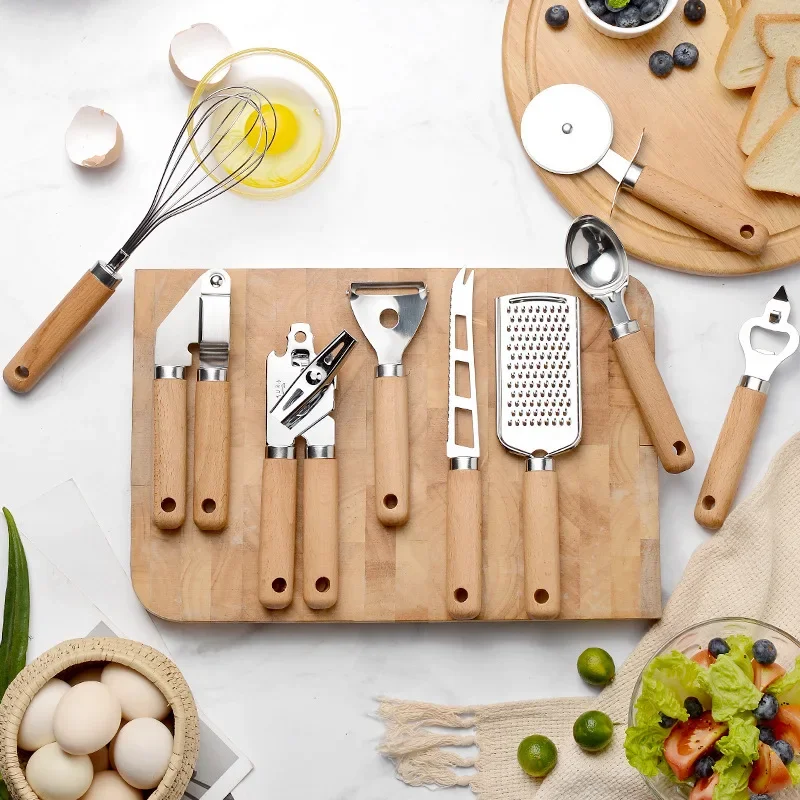 Kitchen Gadget Wooden Handle Stainless Steel Utensils Can Opener Peeler Garlic Press Cheese Grater Whisk Pizza Peeler Egg Beater