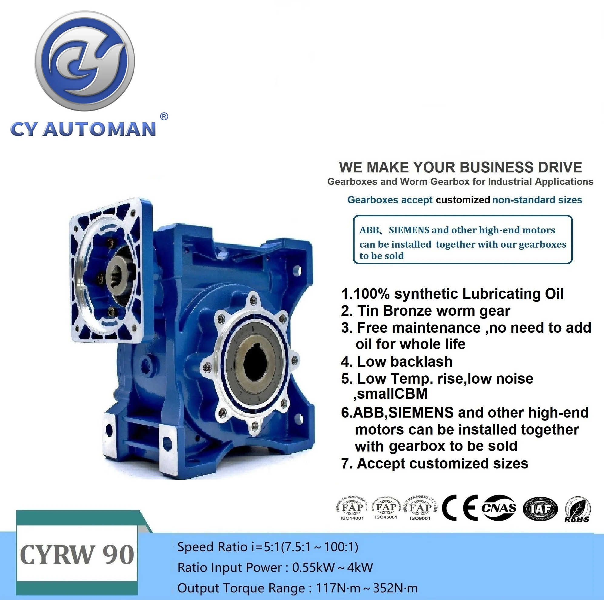 CYAutoman Worm Gearbox Speed Reducer  NMRW090 RW90  Input19/22/24/28mm Output 35mm Ratio 5:1/100:1  Free maintenance