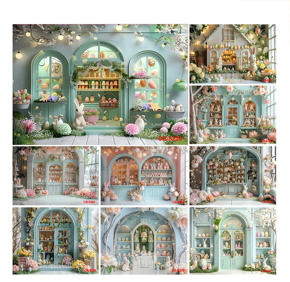 

Photography Background Spring Easter Cabin Bunny Floral Eggs Kids Birthday Party Portrait Decor Backdrop Photo Studio