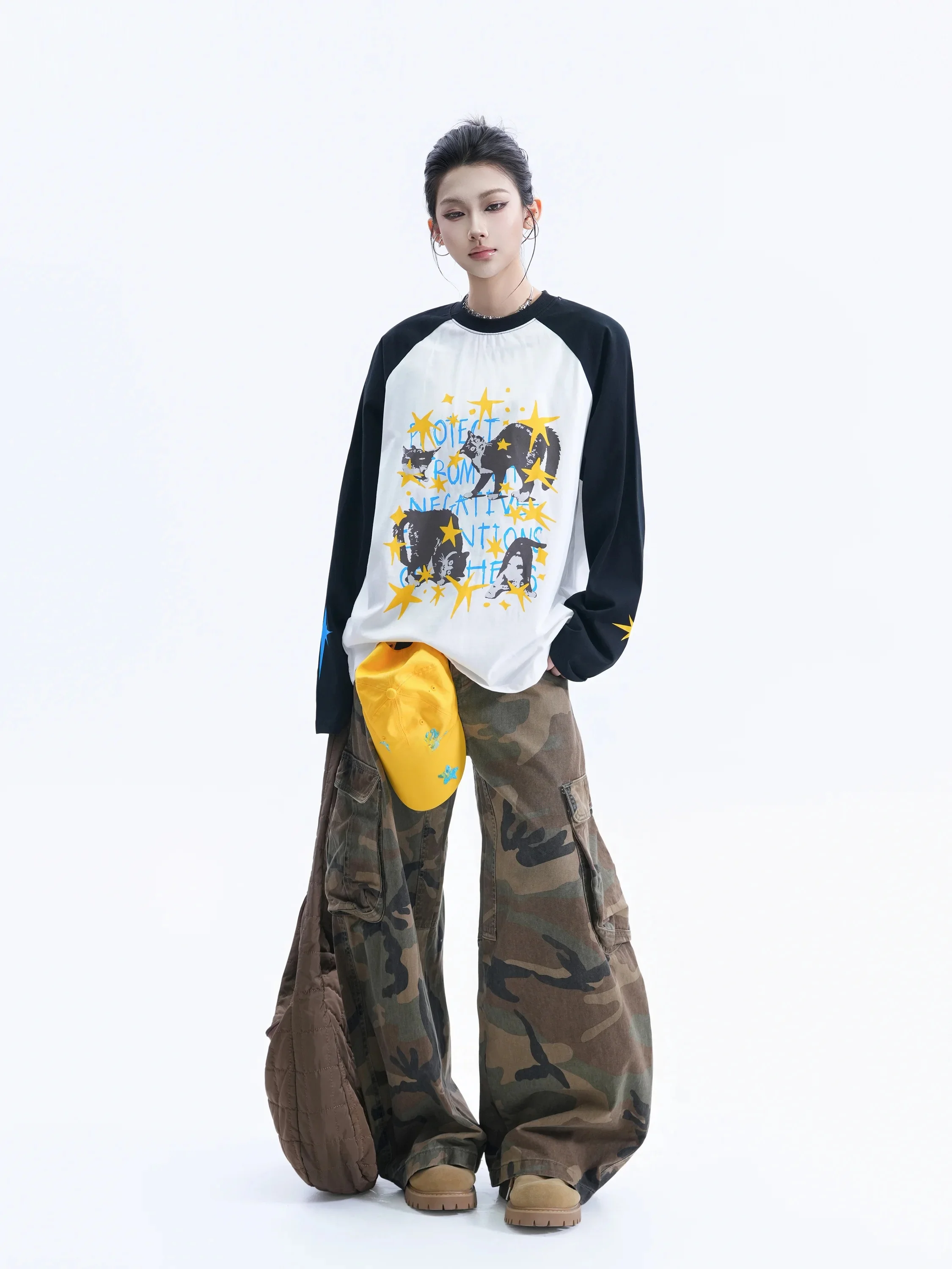 Loose Long Sleeve T-Shirt Women's  Star Print Lazy Street Style Cotton Casual Top Unisex Neutral Fashion Chinese Brand