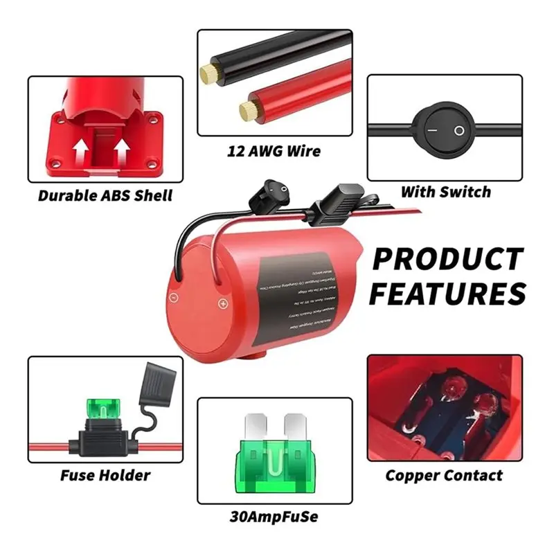 B03C-Battery Adapter Kit With Switch And Fuse For Milwaukee M12 12V Power Wheels- 14 AWG Wire Power Convertor Conversion Module