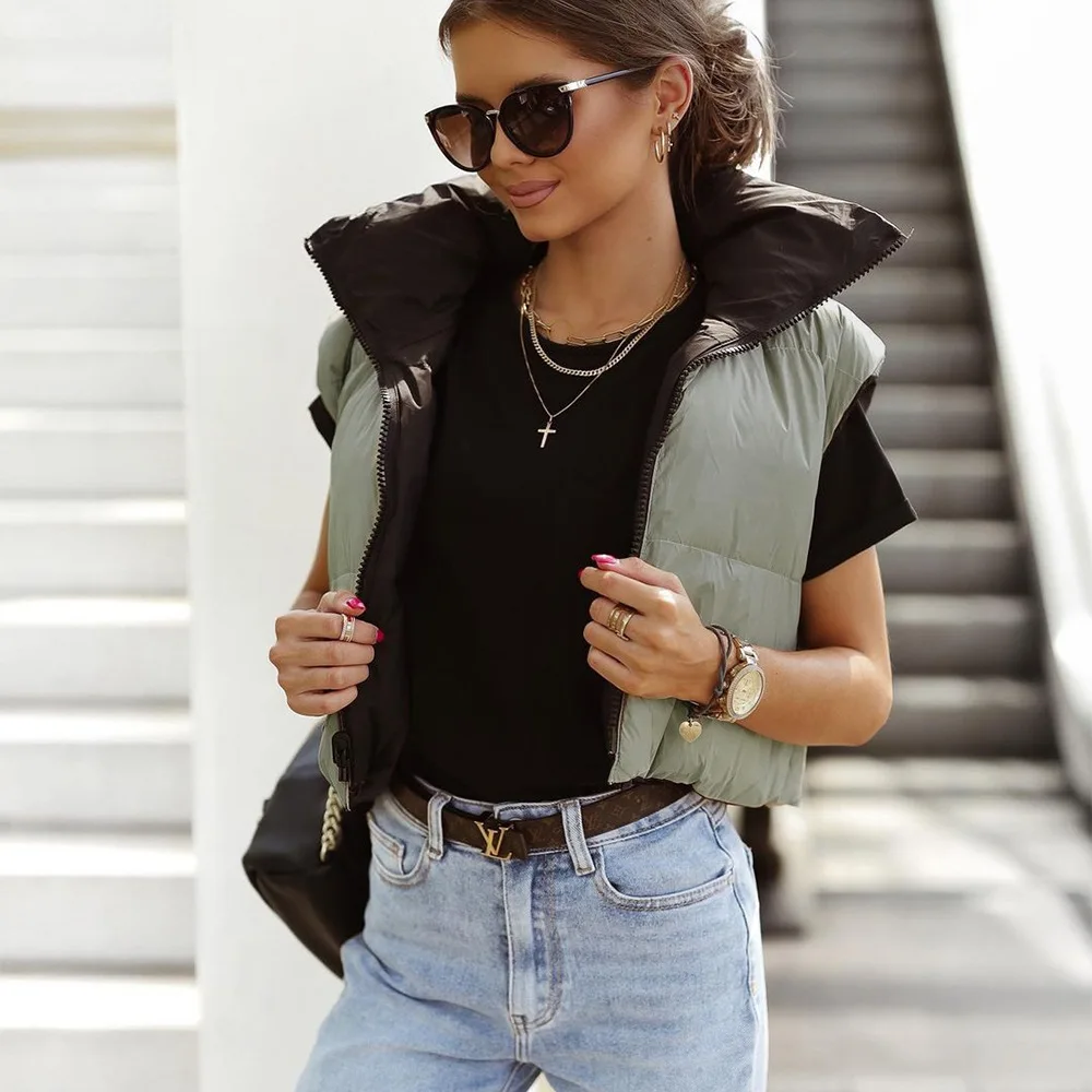 Sexy Turtleneck Puff Jacket Vest Coat Winter Spring Sleeveless Tank Crop Top Women Zipper Up Short Coat Fashion Y2k Streetwear