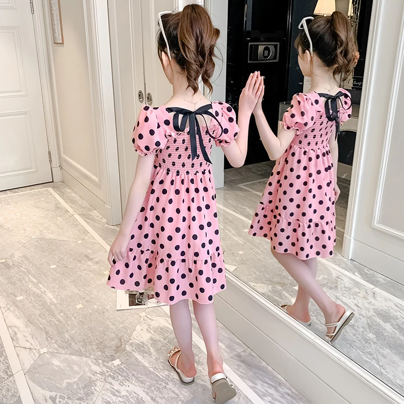 Polka Dot Square Neck Children's Dress Brand Luxury Design 2022 New Short Sleeve Girls Backless Long Skirt Cheap Baby's Dance