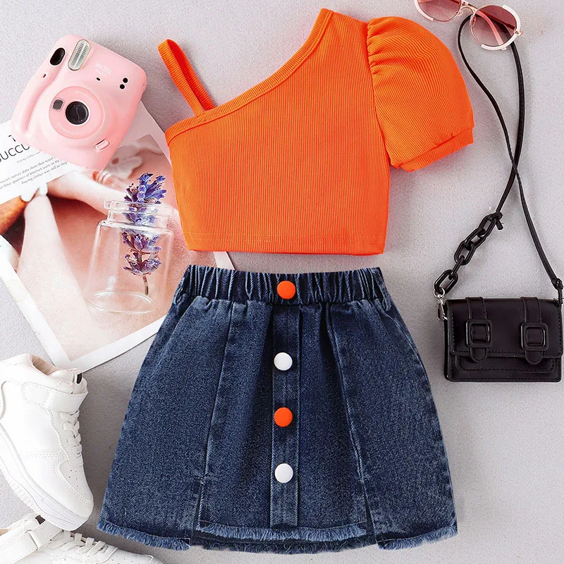 

2 Piece Set Summer Toddler Girl Clothes Korean Fashion Lnclined Shoulder Sling Cotton Baby Tops+Denim Skirt Kids Clothing B203