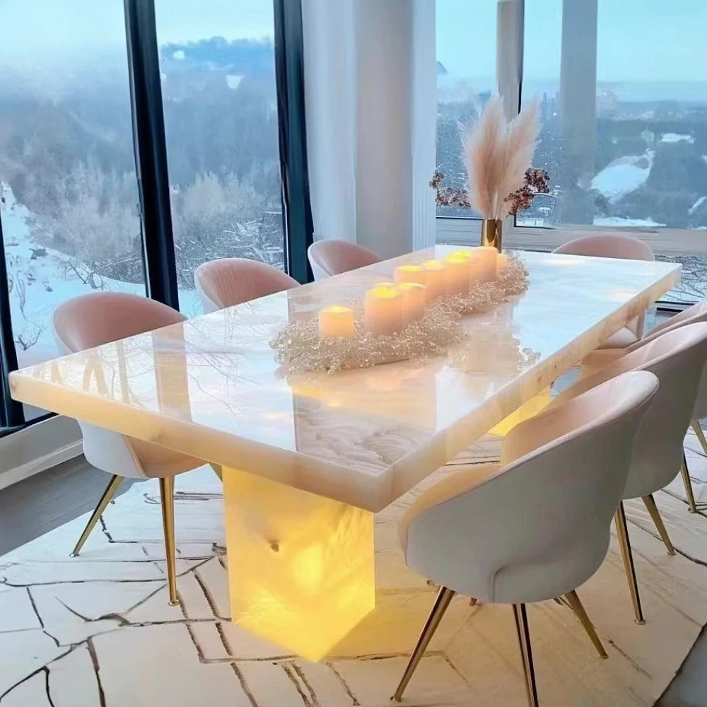 Crystal Dining Table Translucent Agate Marble Luxury Backlit Stone Dining Table Luminous Tea Coffee Bar Island Counter