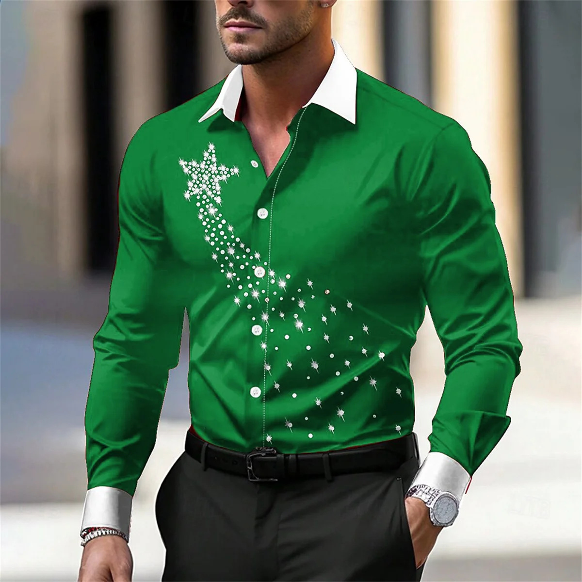 2024 New Christmas Men's Snowflake Pentagram Printed Shirt Fashion Party Men's High Quality Long Sleeve Button Comfortable Top