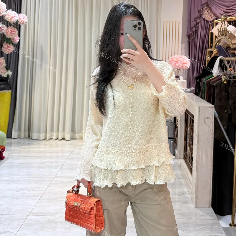 Miyake Pleated Long Sleeve T-Shirt 2026 Autumn New Fine Glitter Ruffled Edge Top Women's Lightweight Stretch Base Shirt Clothing