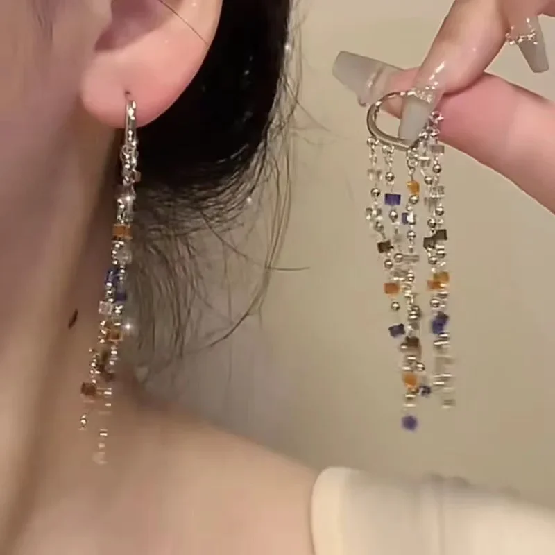 New Colorful Crystal Long Tassel Ear Clips for Women Cute Fashionable Daily Earrings Accessories Party Jewelry Birthday Gifts
