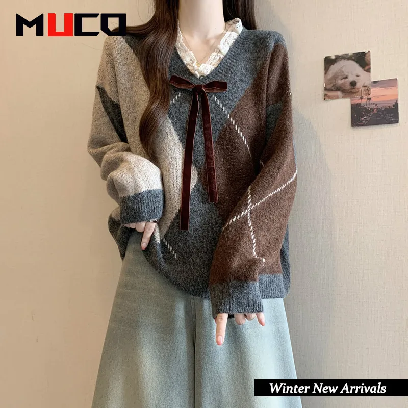 

Wine red diamond grid sweater for women in spring 2025, plus size lace V-neck knit sweater, Christmas retro top