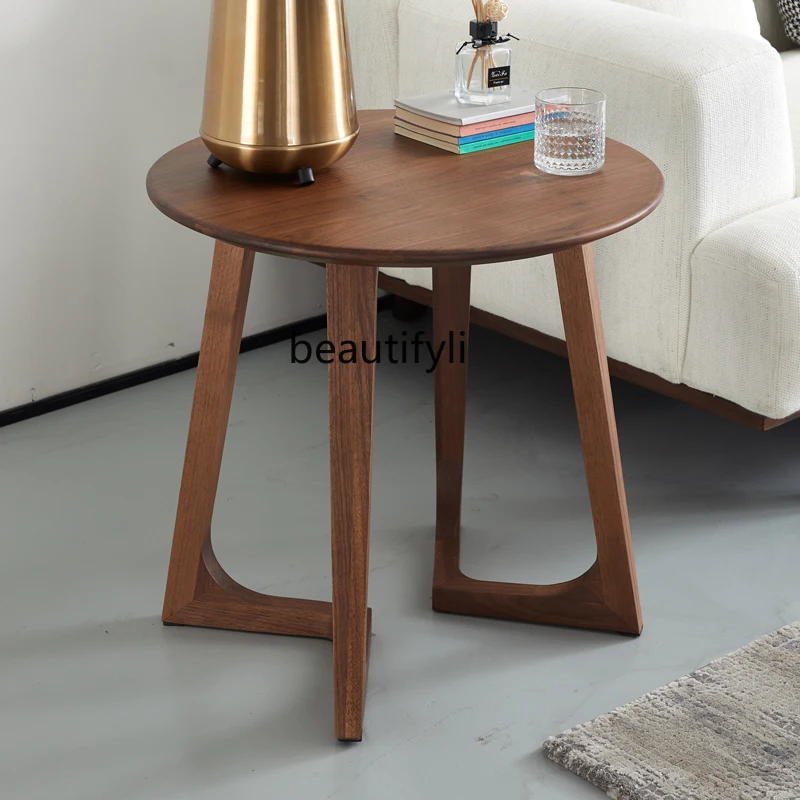 North America Black Walnut Wooden Corner Table Nordic Solid Wood Sofa Side Table Italian round Tea Table Living Room Small