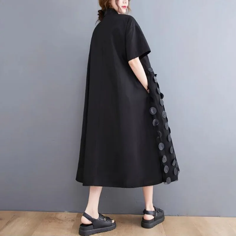 #4014 Spring Midi Dress Women Turn-down Collar Black Shirt Dress Long Sleeves Casual Loose Spliced Mesh A Line Dress Midi Sexy
