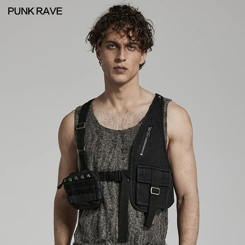 PUNK RAVE Men's Doomsday Punk Asymmetric Shape Vest Design Sense Detachable Bag on The Right Side Accessory Four Seasons