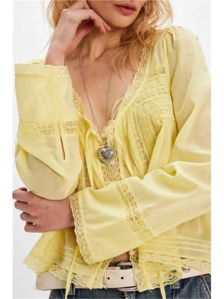 

Lace Shirt U-shaped Lace Collar Shirt Spring Summer Women's Long-sleeved Single-breasted Shirt New French Top Blusas De Mujer