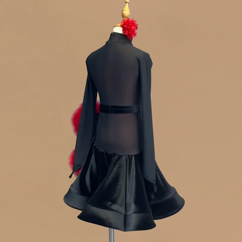 High End Rode Veer Rose Bloemen Latin Danswedstrijd Jurk Lange Mouwen Zwart Fishbone Meisjes Vrouwen Rumba Dans Jurk L18005