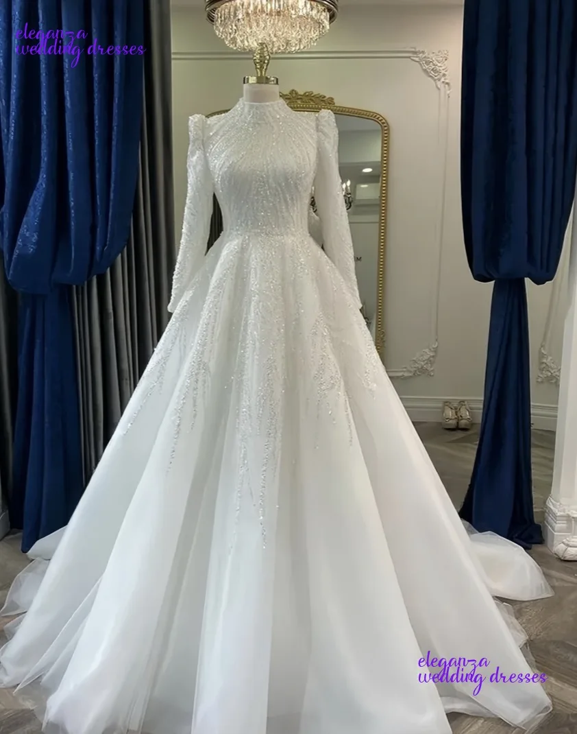 Abito da sposa musulmano in rilievo personalizzato per la sposa manica lunga Hijab abiti da sposa islamici collo alto arabo abiti da sposa 2025